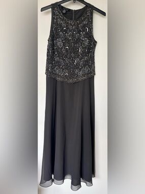 EUC Size 12P Beaded Dark Gray Evening Dress with Embellished Bodice